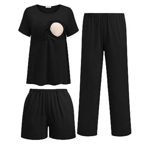 Ekouaer 3 Piece Postpartum Nursing Pajamas Set Short Sleeve Breastfeeding Shirts Pregnancy Shorts