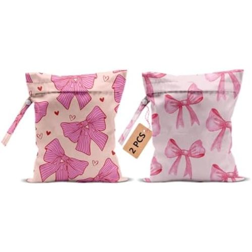 2Pcs Pink Bow Wet Bags 12x10 Inch, Heart Waterproof Travel Laundry Bags, Washable Reusable Wet Dry Bag for Swimsuit Pool Beach Diapers Dirty Yoga Gym Clothes, Pink Gifts for Women Friend Travelers