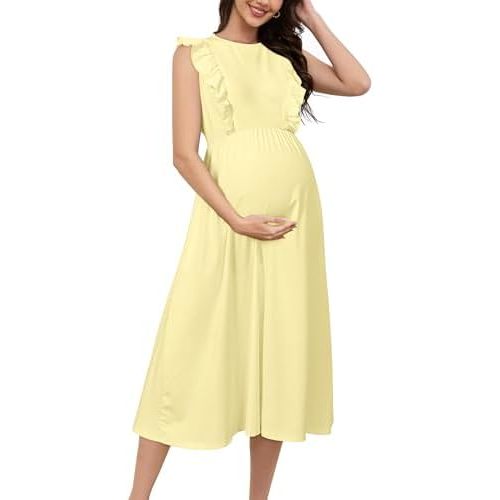 OUGES Womens 2025 Spring Hidden Zipper Nurisng Dress for Breastfeeding Casual Sleeveless Ruffled Midi Maternity Dress