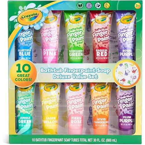 Crayola Bathtub Fingerpaint 10 Color Deluxe Value Pack, 3 Ounce Tubes (Bluetiful Blue, Jungle Green, Royal Purple, & More) Color Your Bath Easily Washable Finger Paints