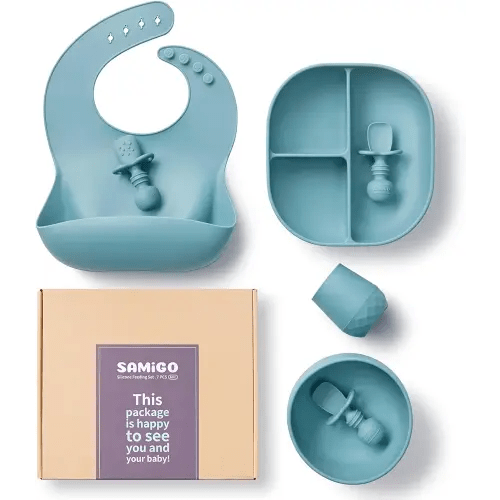 SAMiGO Silicone Baby Feeding Set, Baby Led Weaning Supplies, Suction Bowl Plate Bib Cup Self Feeding Spoons, Solid Food Eating Essentials, First Stage Utensils, 6+ Months