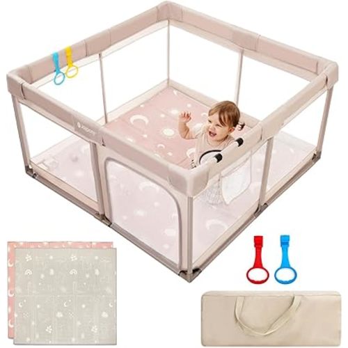 Joypony Baby Playpen with Mat, 50x50 in Small Play Pen for Babies, Toddler Playpen for Apartment, Indoors Play Yard with Soft Breathable Mesh (Beige with Mat)