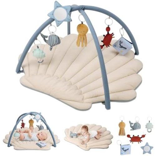 Blissful Diary Shell Baby Play Gym Mat, Softer & Enlarged Tummy Time Mat w 6 Detachable Toys for Sensory & Motor Skill Development, Activity Mat for Newborn Essentials Shower Gift, Boho Ocean Theme