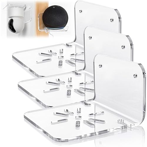 SIPRDE Acrylic Small Wall Shelf Set of 3 for Security Cameras, Speakers, Baby Monitors & More - 4'' Universal Adhesive Shelf Easy to Install No Drill, with Cable Clips (Clear)