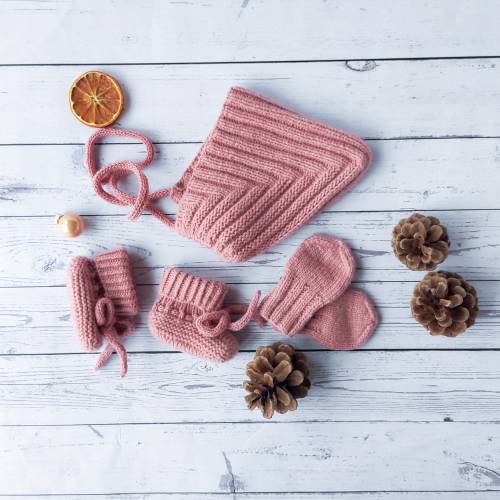 Pink Merino Wool Baby Set: Knit Hat, Booties & Mittens (0-3 Months)