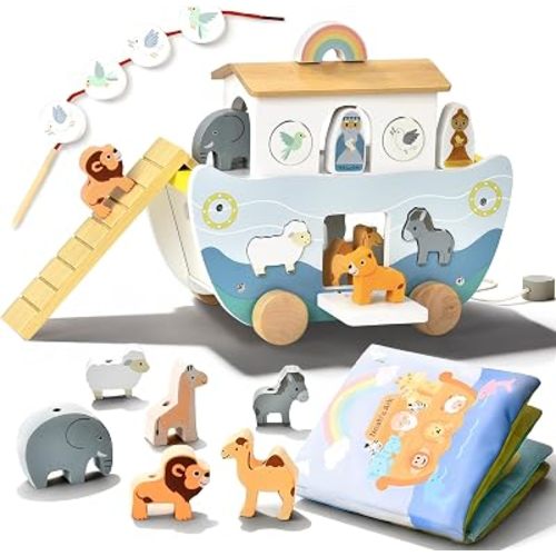 Wooden Noah’s Ark Toy with Book, Baptism Gifts for Boys and Girls