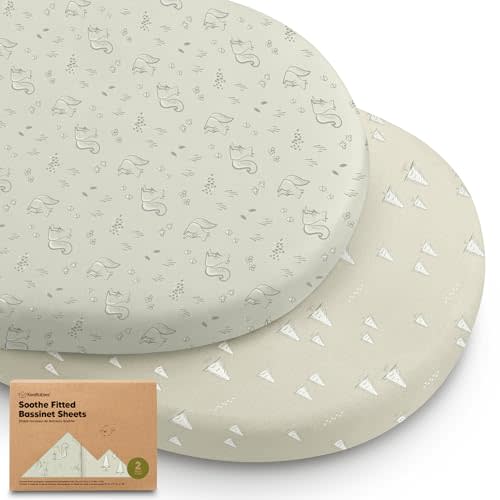 2-Pack Organic Bassinet Sheets for Girls, Boys - 100% Cotton Bassinet Mattress Sheets Compatible with Halo Bassinest Swivel Sleeper, Graco, Baby Delight, Chicco, Fitted Bassinet Sheets (Pine Grove)