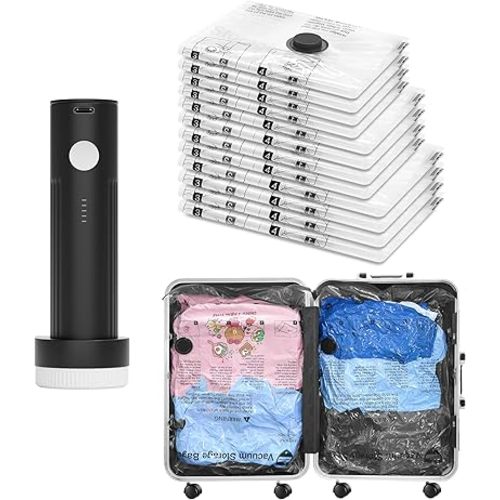 SUOCO Travel Vacuum Bags with Portable Electric Pump, 12 Combo (4L/4M/4S) Compression Packing Seal Cubes for Clothing Suitcase Luggage Organizer, Space Saver Clothes Storage Bags