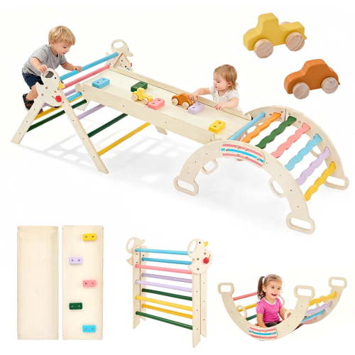 CONCETTA Pikler Triangle Set, 9-in-1 Foldable Montessori Toddler Climbing Toys Indoor with Arch, Ramp and Ladder, Jungle Gym, Rainbow