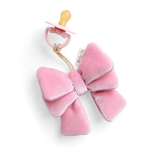 Itzy Ritzy Pacifier & Lovey Set – Natural Rubber Paci with Stuffed Animal Lovey – Detachable Velour Bow Pacifier Holder & Coordinating Natural Rubber Soother, Ideal for Ages 0-6 Months (Bow)