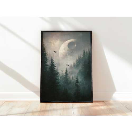 Star Wars Forest Ambush Canvas Decor  Misty Endor Scene with Death Star & X-Wings, Sci-Fi Canvas Print for Fans of Galactic Rebellion Framed