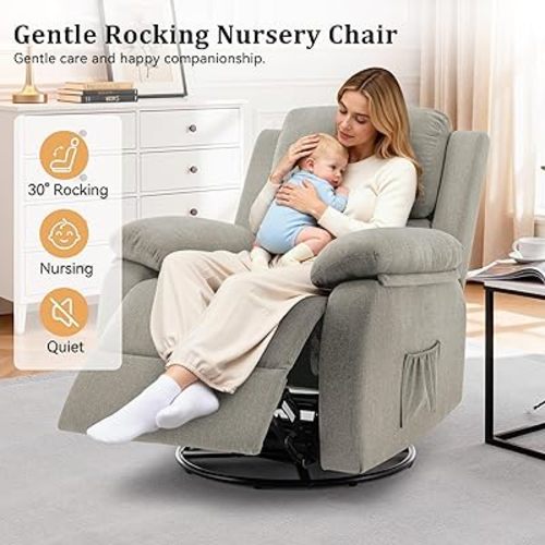Recliner Chair, 360 Swivel Rocker Chair for Adults, Small Rocking Recliner for Small Spaces, Upholstered Fabric Glider Recliner Nursery (Swivel Rocker Recliner, Light Khaki)