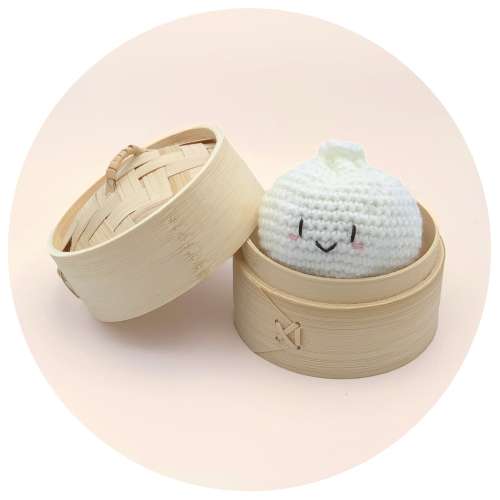 Bao Crochet Baby Rattle with Steamer, part of the Dim Sum Crew Rattle Toy Set, Baby Shower Gift