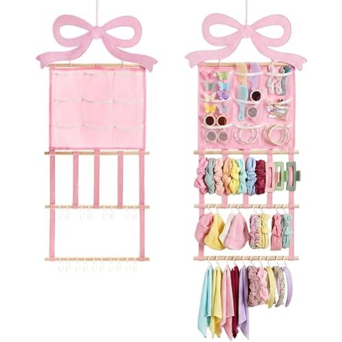 Bow Organizer for Girls - Pink Bow Holder for Girls Hair Bows, Hair Clip Organizer Headband Storage Hanger Girl Headband Display Wall Mounted Accessories for Nursery Bedroom Girl Room