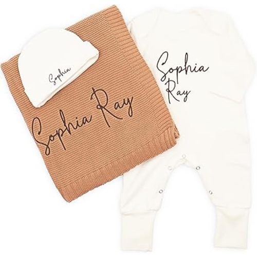 100% Organic Baby Gift Set | Embroidered 100% Cotton Custom Baby Blanket, Rompers and Beanie Set | Personalized Name Baby Shower Gifts
