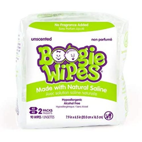 Baby Wipes Unscented by Boogie Wipes, Wet Wipes for Face, Hand, Body & Nose, Made with Vitamin E, Aloe, Chamomile and Natural Saline, 45 Count, Pack of 2