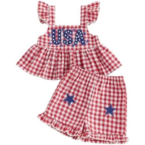 Merqwadd Toddler Baby Girl 4th Of July Outfit USA Fly Sleeve T-Shirt Top Plaid Shorts Set Fourth Of July Baby Summer Clothes