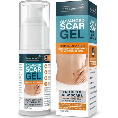NUVADERMIS Scar Gel with Retinol, Allantoin, Vitamin E, Betaine - 1.7 Oz Scar Gel Treatment for C-Sections Scars, Keloids, Post-Surgery Scar Care