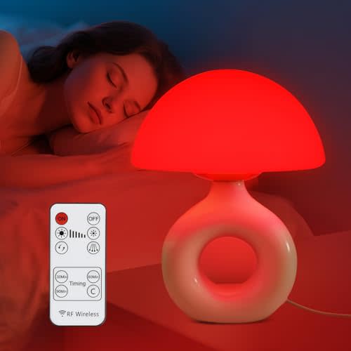 LemSen Mushroom Red Light Lamp for Sleep, 670nm Deep Sleep Red Night Light - 4 Color and 5 Dimmable, Remote Control with 30-90min Timer, Bedroom LED Nightstand Lamp, Glass Shade White Ceramic Base