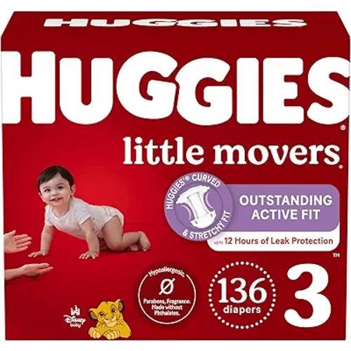 Huggies Size 3 Diapers, Little Movers Baby Diapers, Size 3 (16-28 lbs), 136 Count, Packaging May Vary