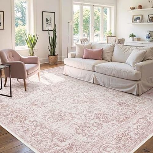 6x9 Washable Area Rug for Living Room & Bedroom, Large Light Pink Rugs for Women, Non Slip, Durable Low Pile Carpet, Vintage Carpets for Office, Dining Room, Kids Room and Farmhouse