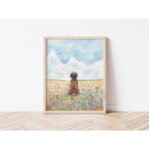 Watercolor Chocolate Labradoodle in Flower Field Dog Wildflower Wall Art Animal Nature Poster Labradoodle Decor Doodle Mom Gift Doodle lover