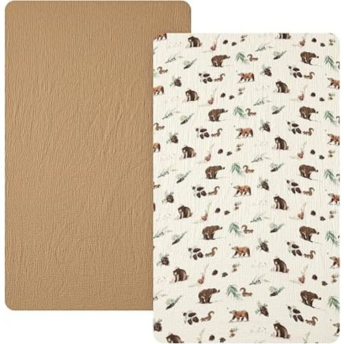 david's kids Muslin Mini Crib Sheets, 2 Pack Cotton Pack N Play Sheets for Boys Girls Neutral, Soft Breathable Baby Sheets Fit Pack N Play, Playard and Mini Crib Mattresses, Woodland Animal