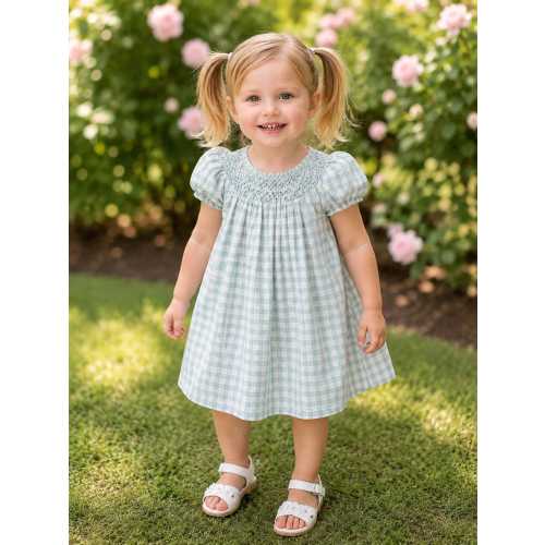 This enchanting bishop style dress features delicate blue flowers around the neckline, soft blue check fabric completes this dress