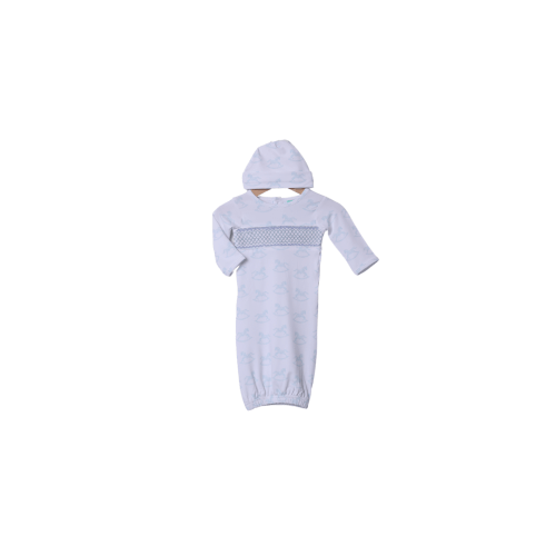 Smocked Heirloom Blue Rocking Horse Layette Gown and Hat Set