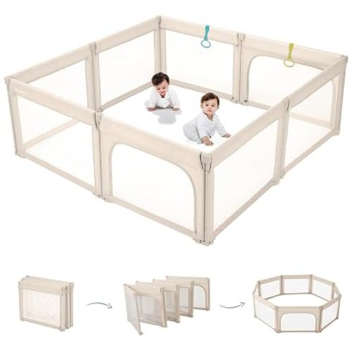 Doradotey 8-Panel Foldable Baby Playpen for Toddlers 1-3, Adjustable Shape Large 79x71 Indoor Playard, No Tools Assembly, 360° Breathable Mesh, Separate Washable Panels Safety Fence, Khaki