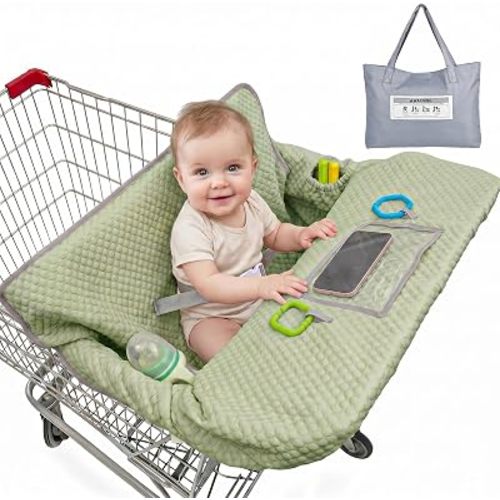 Shopping Cart Cover for Baby, Air Cool & Breathable Fabric All Seasons Grocery Cart Cover, Universal Fit for Most Shopping Carts & Restaurant High Chair with Multi Storage, Sage Green