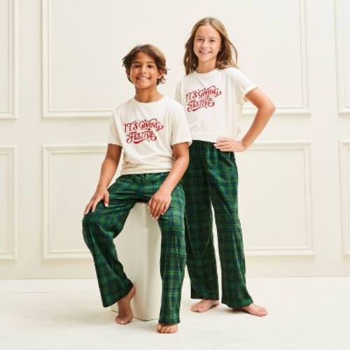 Kids' Holiday Plaid Microfleece Matching Family Pajama Pants - Wondershop™ Green M