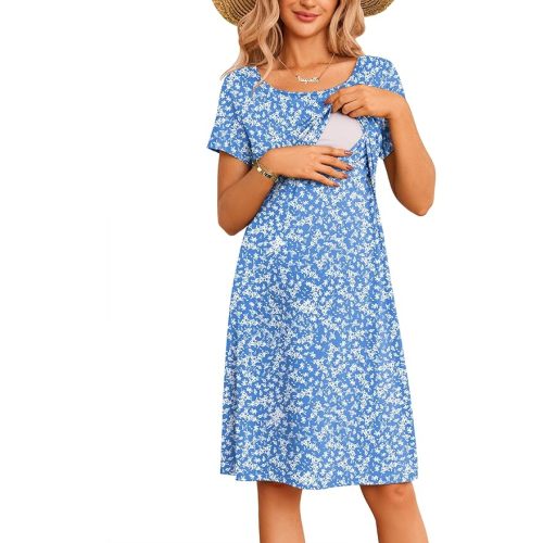 Ekouaer Women's Nursing Dress Summer Short Sleeve Patchwork Maternity Breastfeeding Knee Length Dress