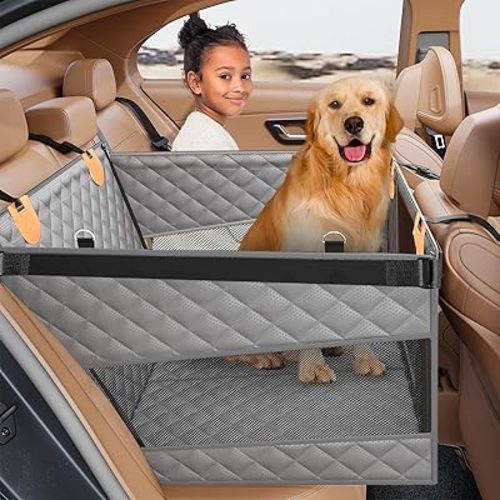 PETICON Large Dog Car Seat, Back Seat Extender for Dogs with 3 Mesh Windows, Waterproof Medium Carseat for Dogs with Hard Bottom, Pet Seat Cover for Cars, Trucks and SUVs (Gray)