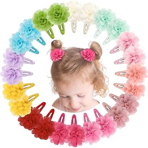 DeD 24PCS 2.7" Chiffon Flower Hair Bows Clips Flower Tiny Hair Clips Fine Hair for Girls Infants Toddlers Set of 12 Pairs