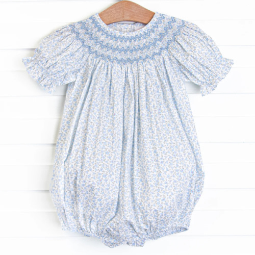 Blue Blooms Puff Sleeve Smocked Bubble, White – Stitchy Fish