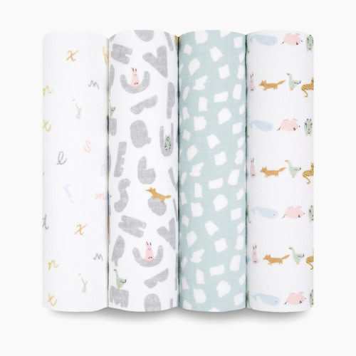 Aden + Anais Essentials Cotton Muslin Swaddles (4 Pack) - Alphabet Animals