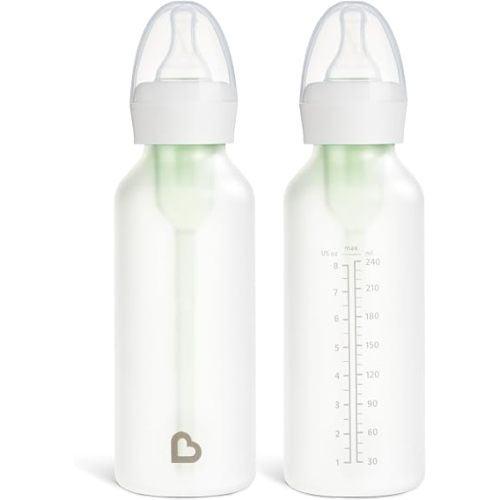 Munchkin Bond Silicone Coated Glass Baby Bottles - Anti-Colic Feeding System with Natural Feel Nipples, 8 Ounce, 2 Pack, White