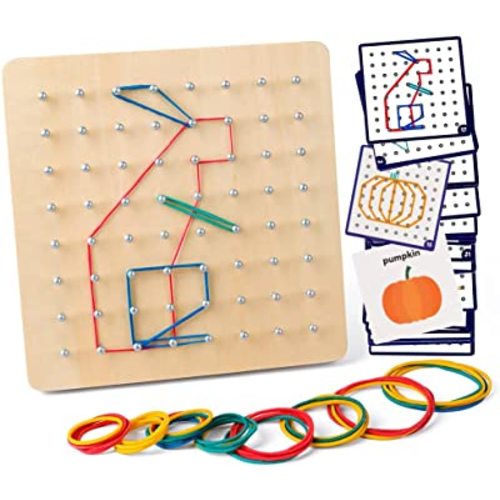 Coogam Wooden Geoboard Mathematical Manipulative Material Array Block Geo Board – Graphical Educational Toys with 30Pcs Pattern Cards and Latex Bands Shape STEM Puzzle Matrix 8x8 Brain Teaser for Kid