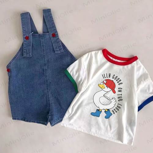 ILLY GOOSE ON THE LOOSE Baby Denim Blue Overalls and Goose Print White Tee 2-piece Set