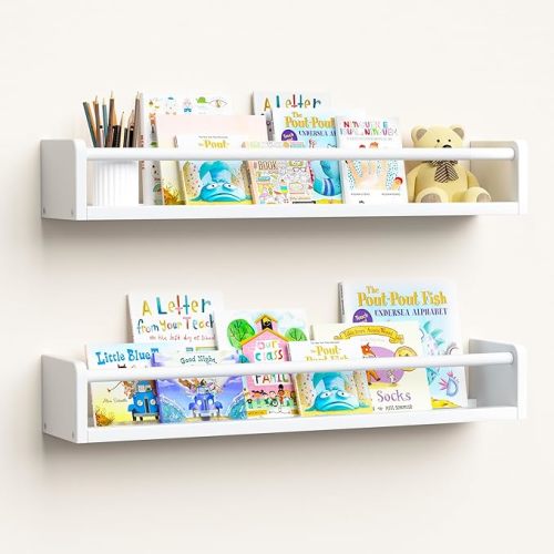 upsimples 2 Pack Nursery Book Shelves, 23.6 Inch Floating Bookshelves for Wall, Baby Nursery Decor, Small Solid Wood Wall Mounted Shelves for Baby Kids Boys Girls, White