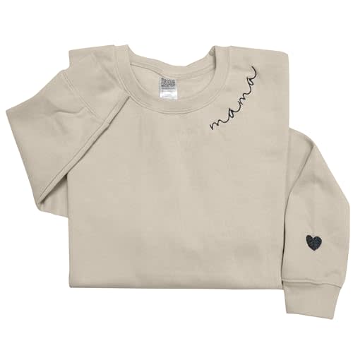 IZI POD - Mom Mama Grandma Embroidered Crewneck Sweatshirt Heart On Sleeve For Women-Gifts For Mom, Grandma, Mimi, Nana, Gigi