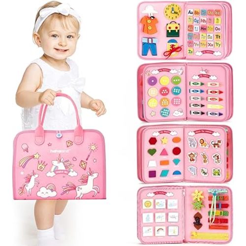 Busy Board - Montessori Toys for 2 Year Old Girl Bithday Gift - 7 in 1 Preschool Learning Activities with Life Skill, Alphabet, Number, Shape, Color, Animal, Weather - Toddler Travel Toys (Pink)