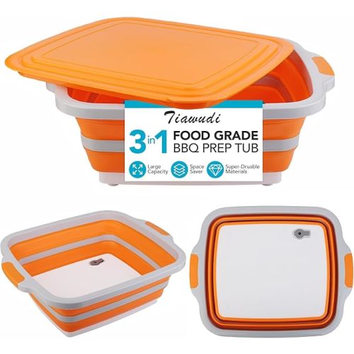 Tiawudi Large Collapsible BBQ Prep Tub with Lid(4.22 Gal/16L), Foldable Camping Sink with Colander, Cutting Board, Dish Basin for Kitchen, Bowl, Vegetable and Fruit, Storage Basket for Picnic