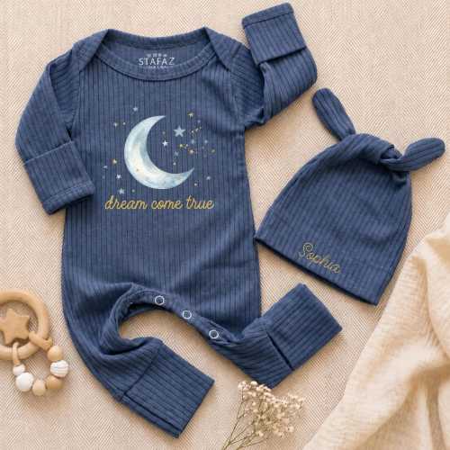 Personalized Celestial Moon Baby Coming Home Outfit, Ribbed Romper Hat Set, Dream Come True
