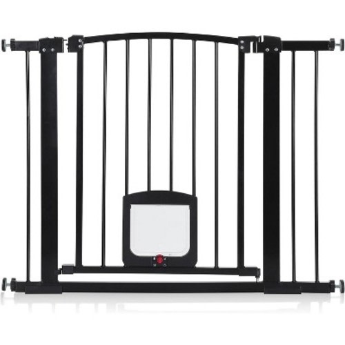 Upgrade Pet & Baby Safety Gate with Cat Flap , Pressure Mounted, Auto-Close, Double Lock, Drill-Free Metal Barrier for Stairs & Doorways, Black