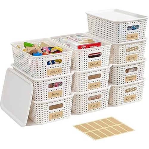 10 Pack Plastic Storage Bins with Lids, Stackable Storage Baskets with Handles, Plastic Organizer Bins with Labels for Desk,Shelves,Office, PlasticContainer Bins for Pantry Organizers and Storage
