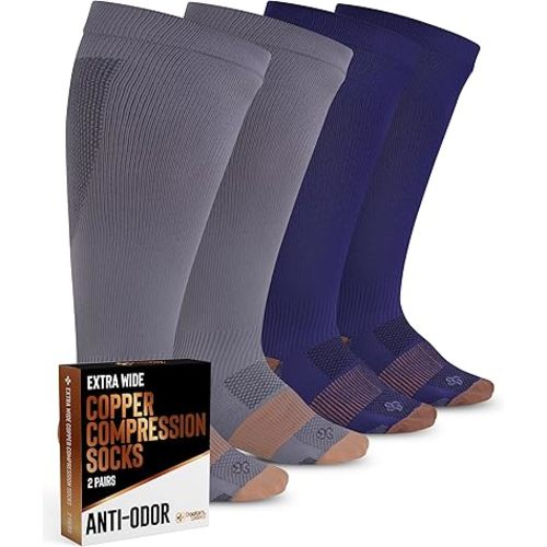 Doctor's Select Copper Plus Size Compression Socks Wide Calf - 2 Pairs | 20-30mmHg Extra Wide Calf Compression Sock Women | Wide Calf Compression Socks Women Plus Size | Copper Compression Sock Plus Size for Traveling & Running | Gray & Navy