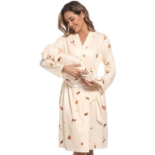 Maternity Robe with Matching Swaddle Set, Mommy Me Set Soft Women Maternity Sleepwear Bathroom Long Sleeves Robe