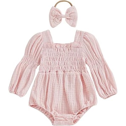 Kavousa Smocked Baby Girl Clothes Newborn Girl Bubble Romper Long Sleeve Jumpsuit And Headband Outfit Cute Infant Clothing